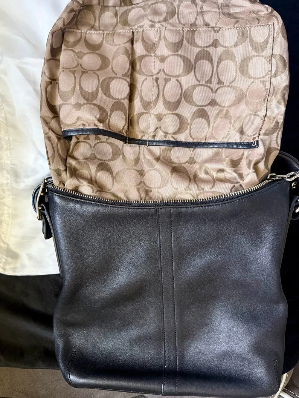 Coach Black Leather Shoulder Hobo Bag with Silver Hardware
